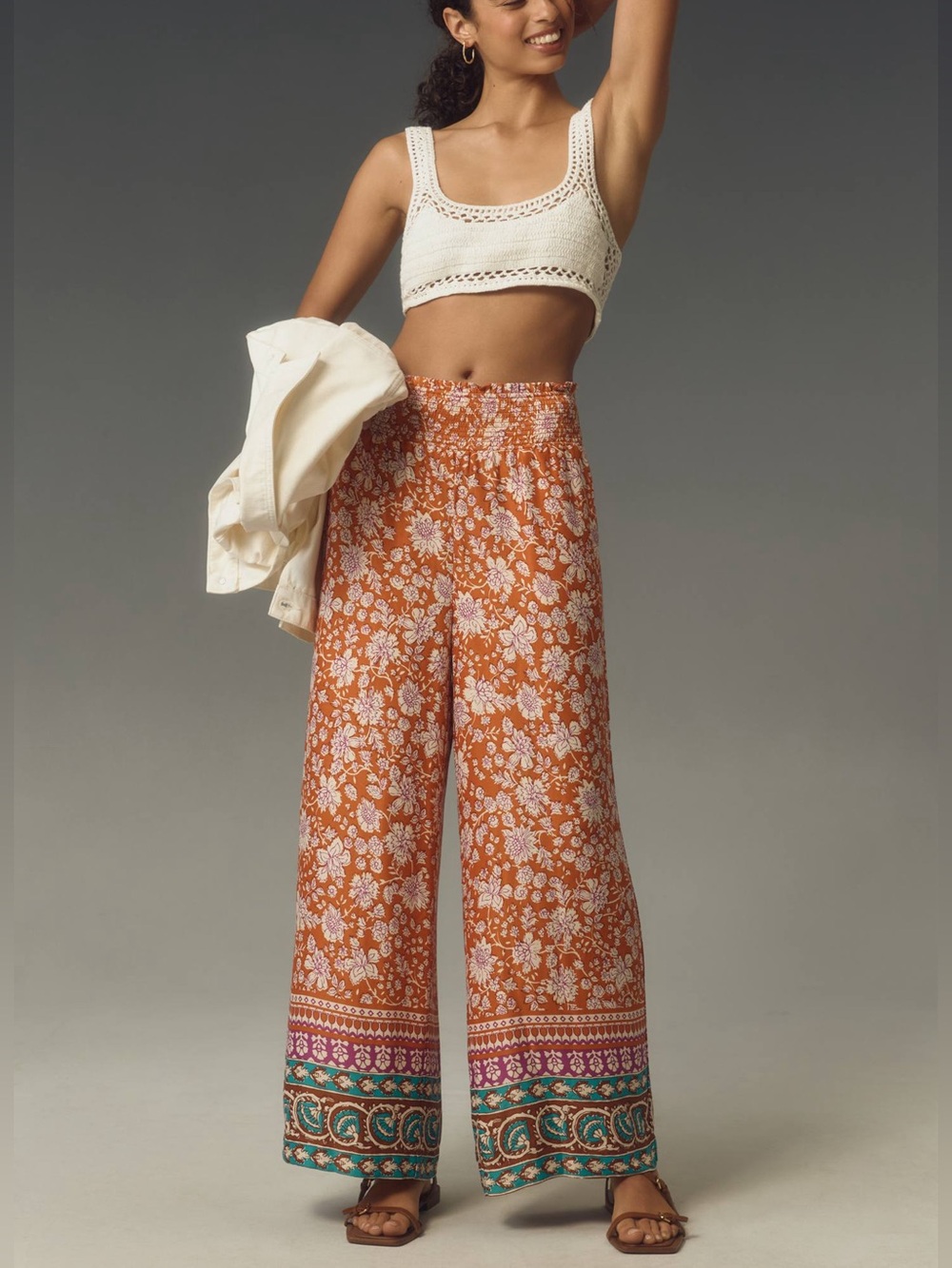 Anthropologie x Maeve The Saria Smocked Wide-Leg Pull On Pants Size S